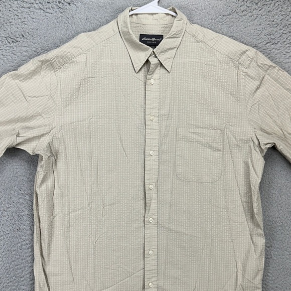 Eddie Bauer Mens Button Up Shirt Large Tall Tan Seersucker Plaid Short Sleeve